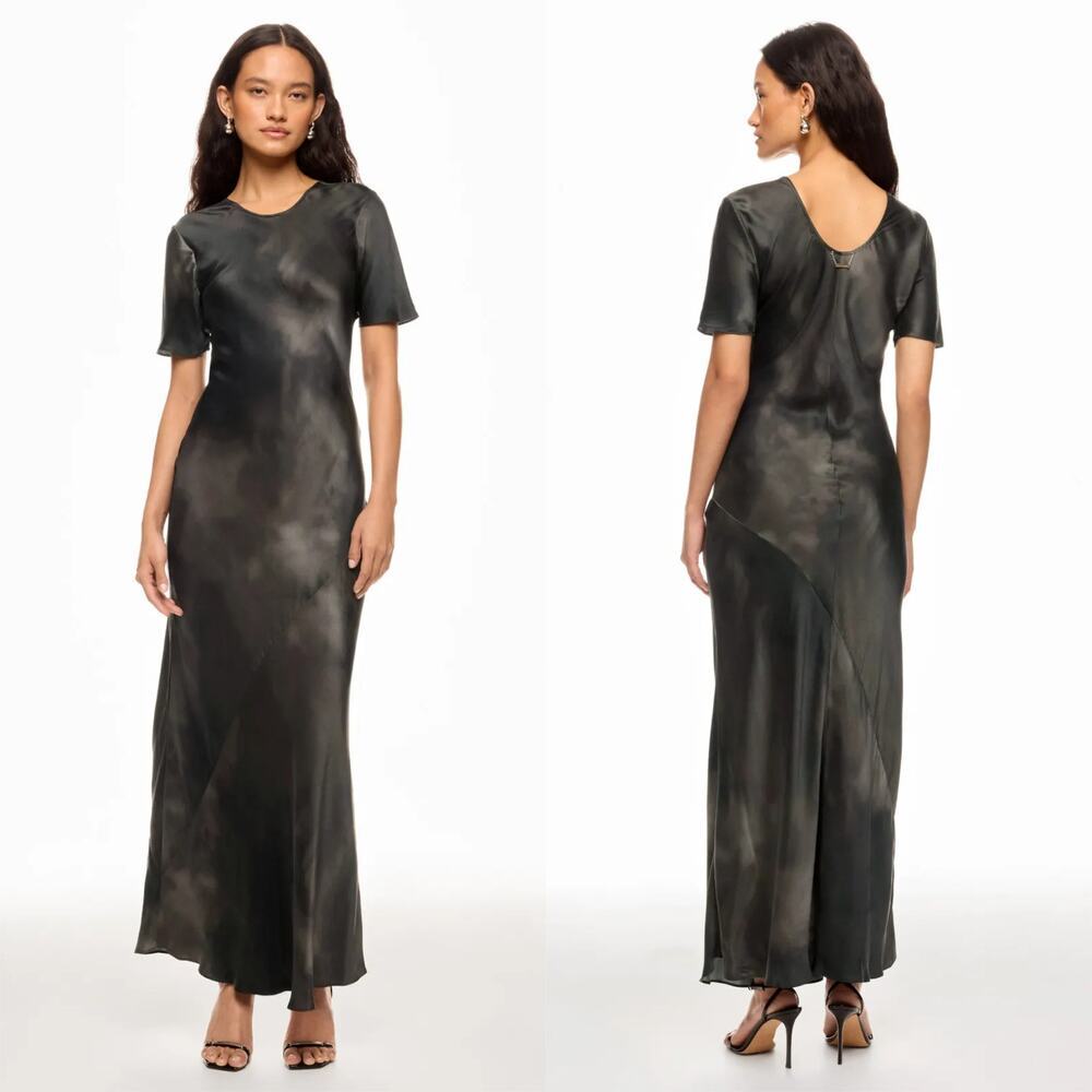 Silk Laundry Bias Dress Abstract Tie Dye Silk Short Sleeve Maxi Column Black L